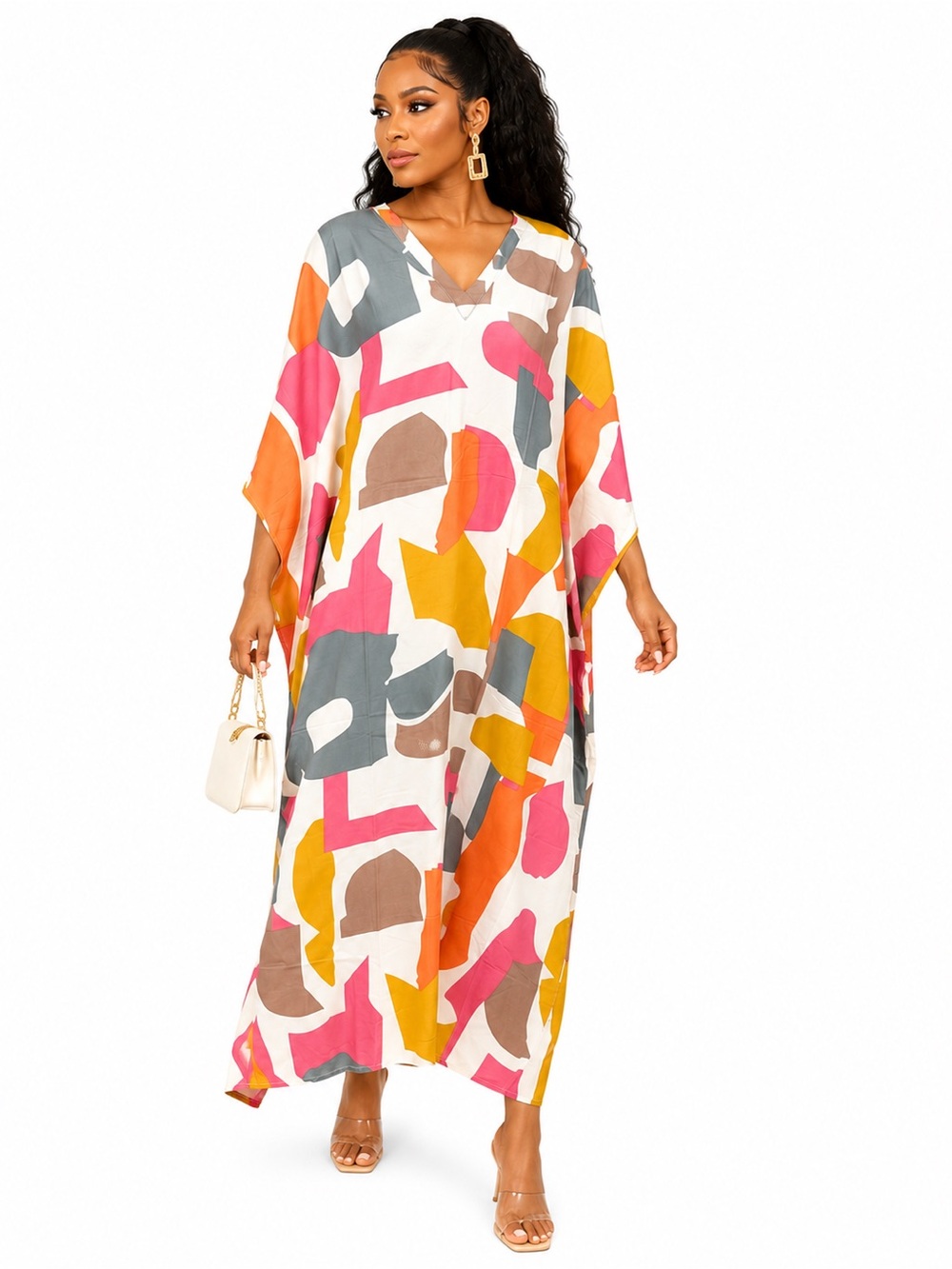 Women's Abstract Print V-Neck Caftan Cover-Up - White Multi